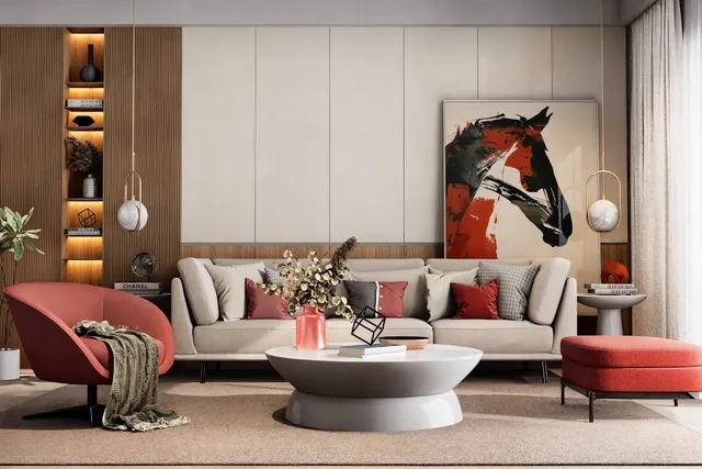 Phòng khách Furnio Quiet Luxury với sofa bouclé và bàn gỗ óc chó
